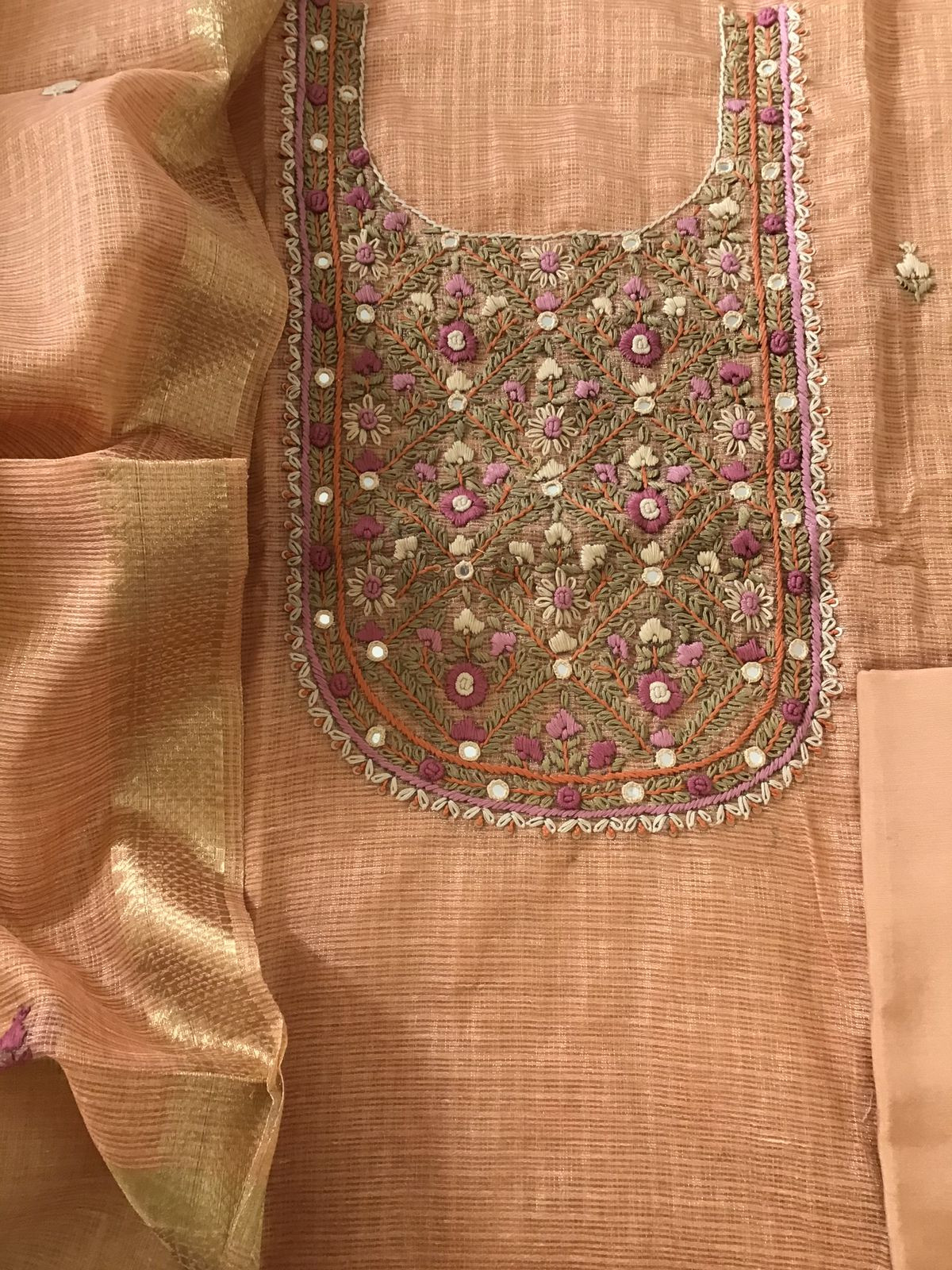 Soft Zari Kota Embroidered Suit - Peach