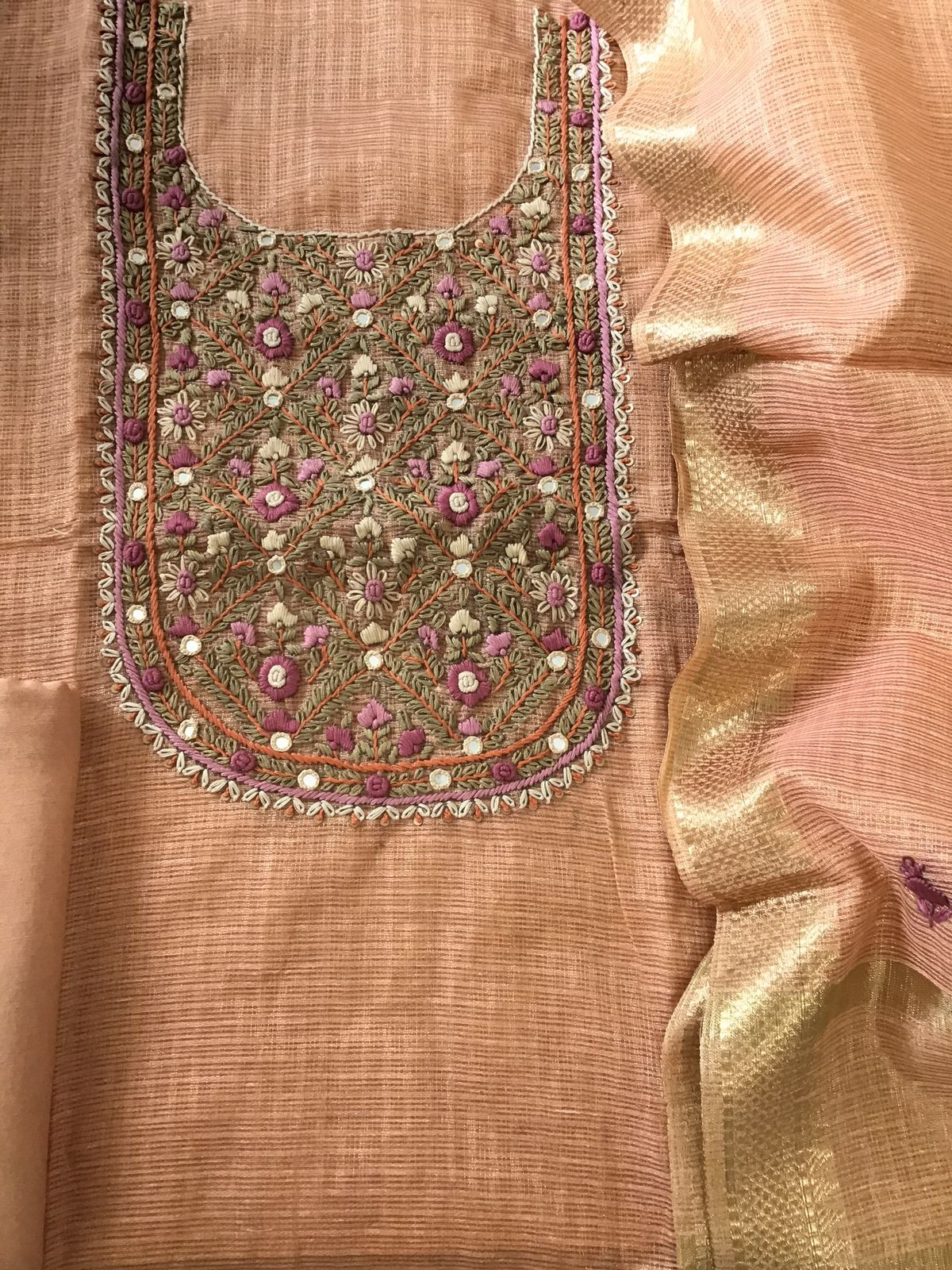 Soft Zari Kota Embroidered Suit - Peach