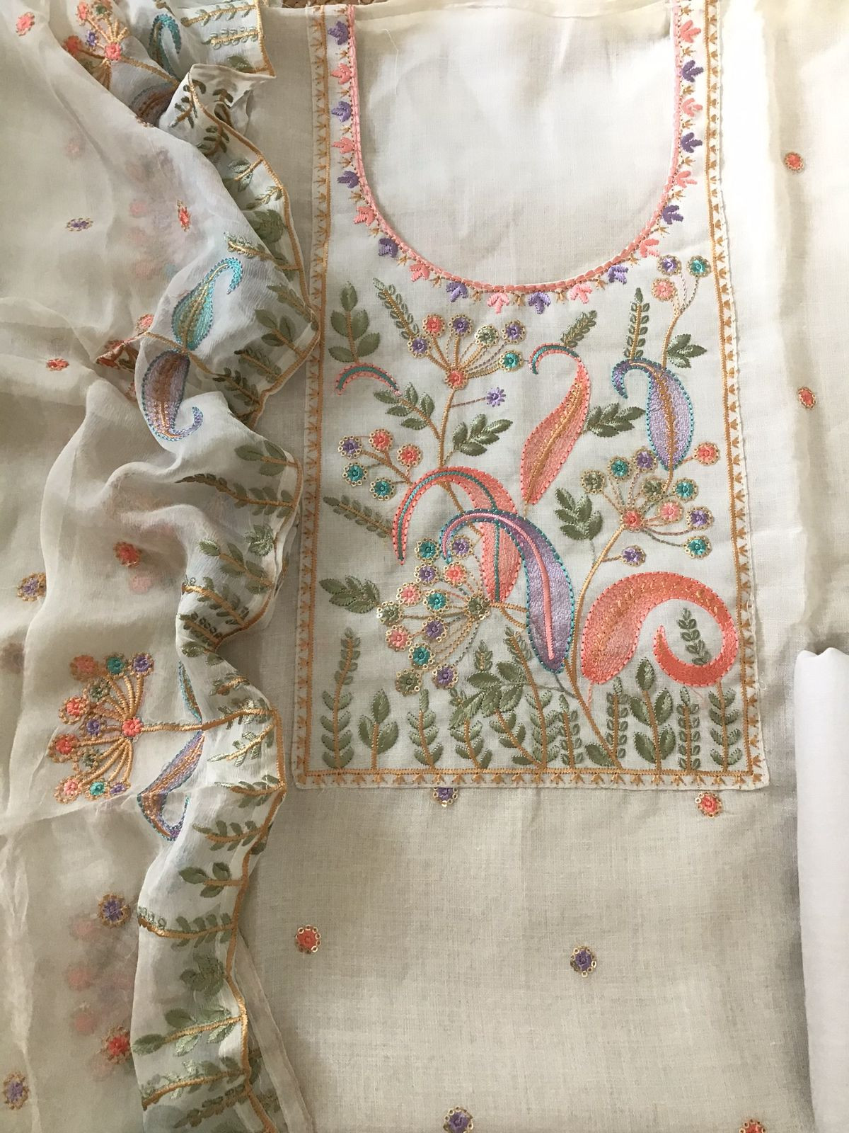 Soft Linen Jute Cotton Embroidered Suit - Offwhite