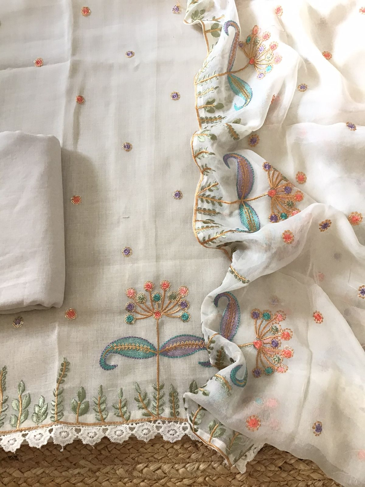 Soft Linen Jute Cotton Embroidered Suit - Offwhite