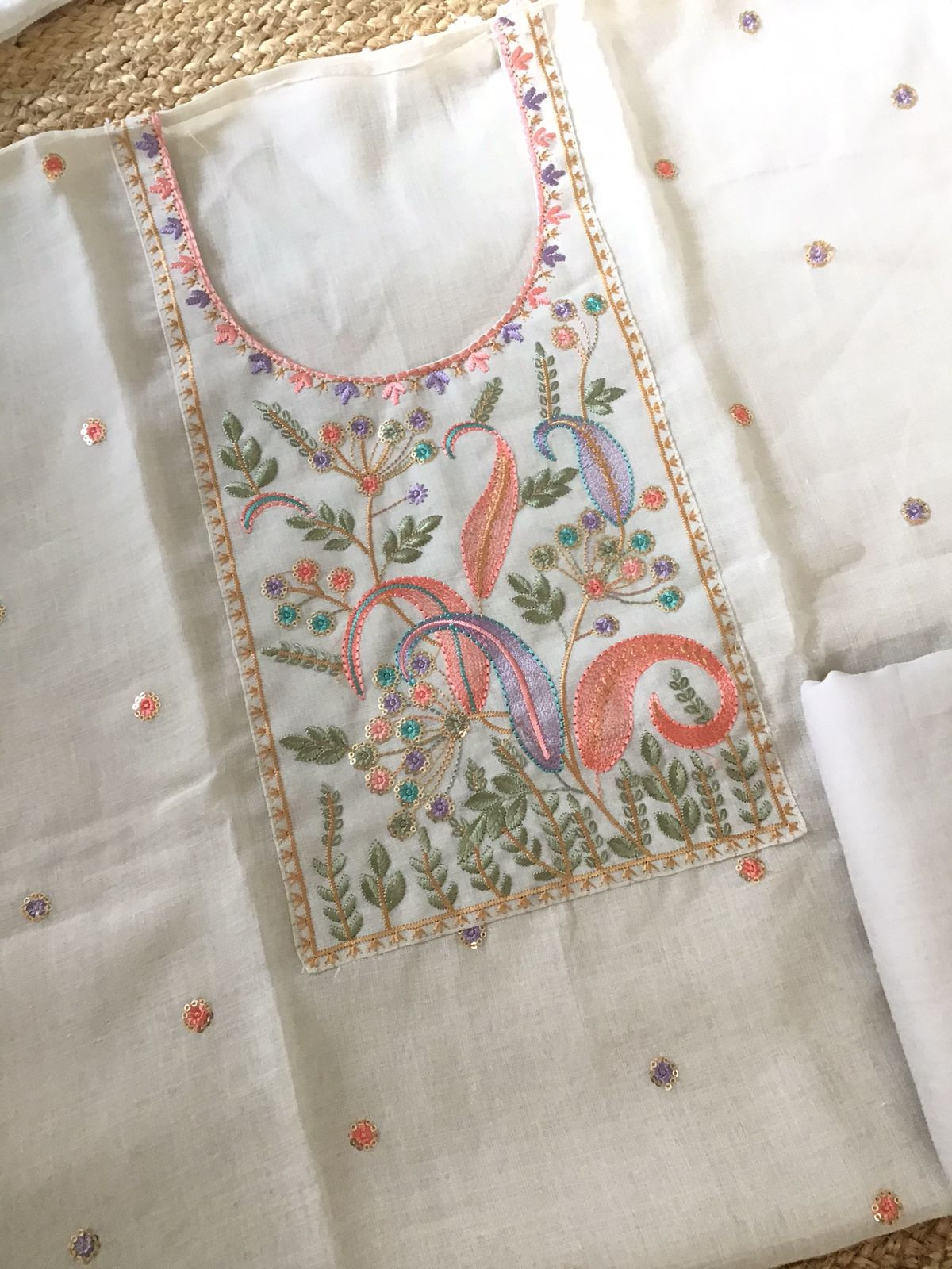 Soft Linen Jute Cotton Embroidered Suit - Offwhite