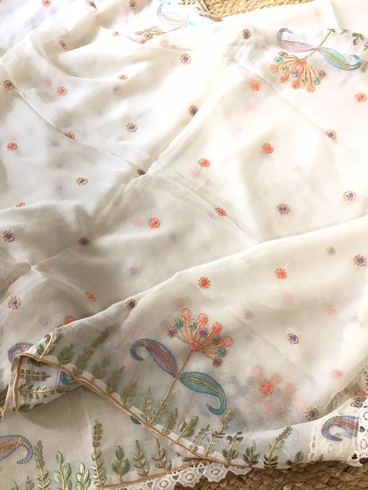 Soft Linen Jute Cotton Embroidered Suit - Offwhite