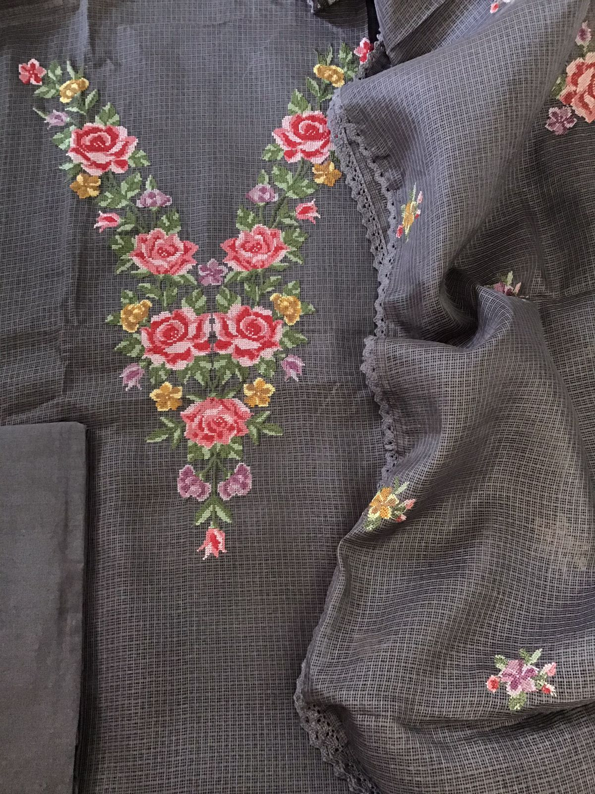 Soft Kota Silk Embroidered Suit - Brown