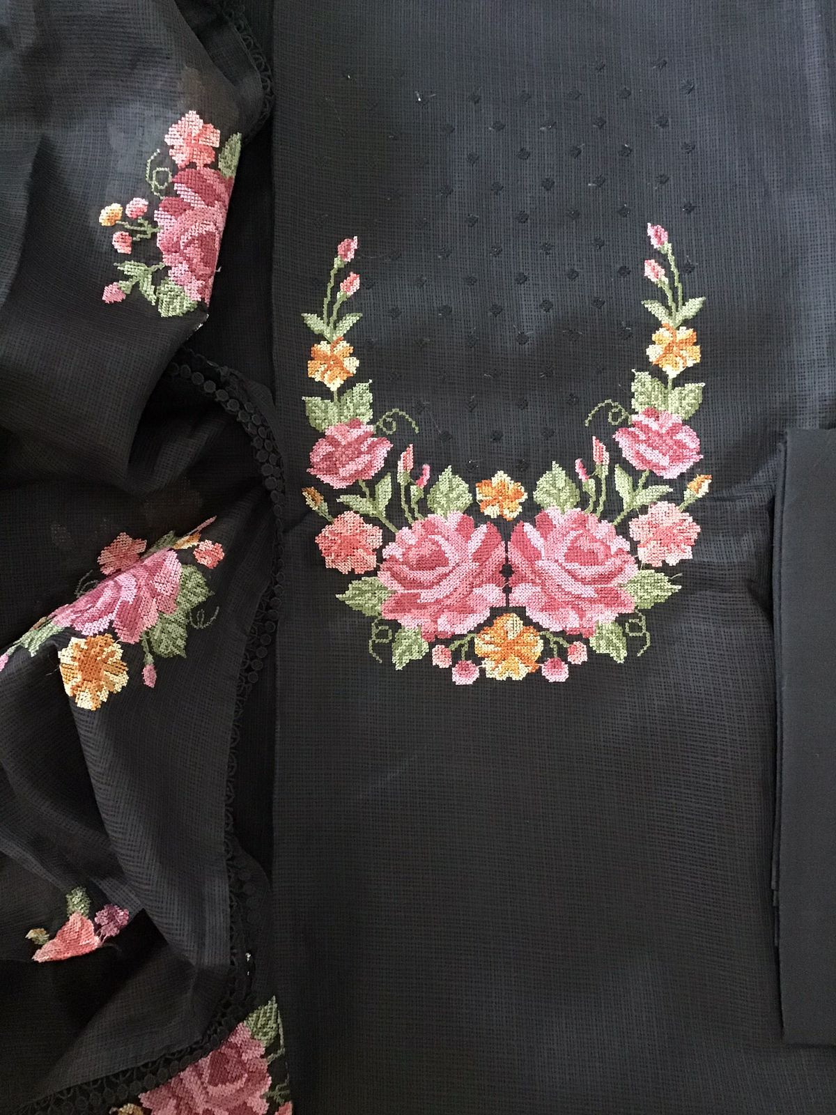 Soft Kota Silk Embroidered Suit - Black