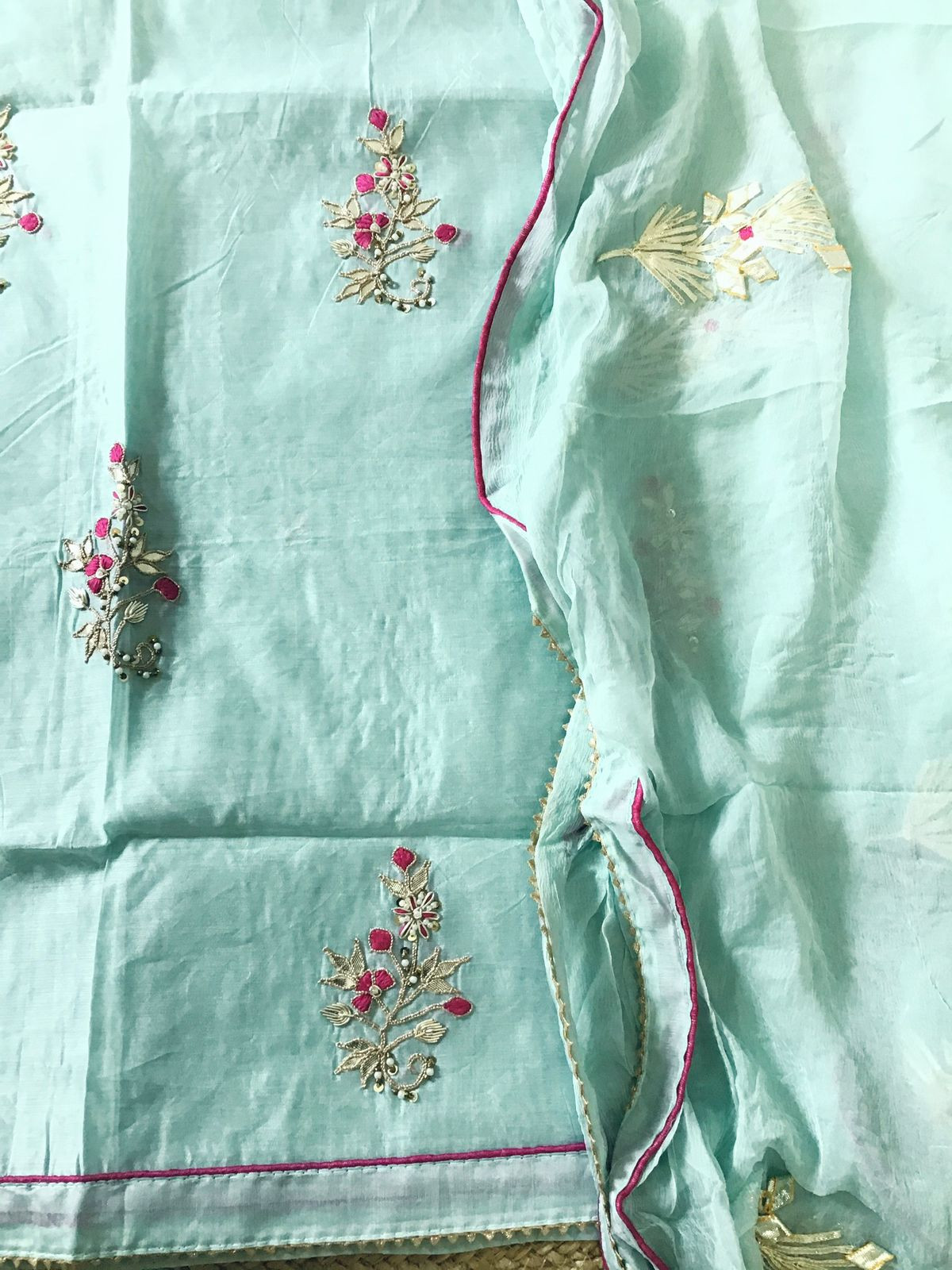 Soft Chanderi Embroidered Suit - Sea Blue