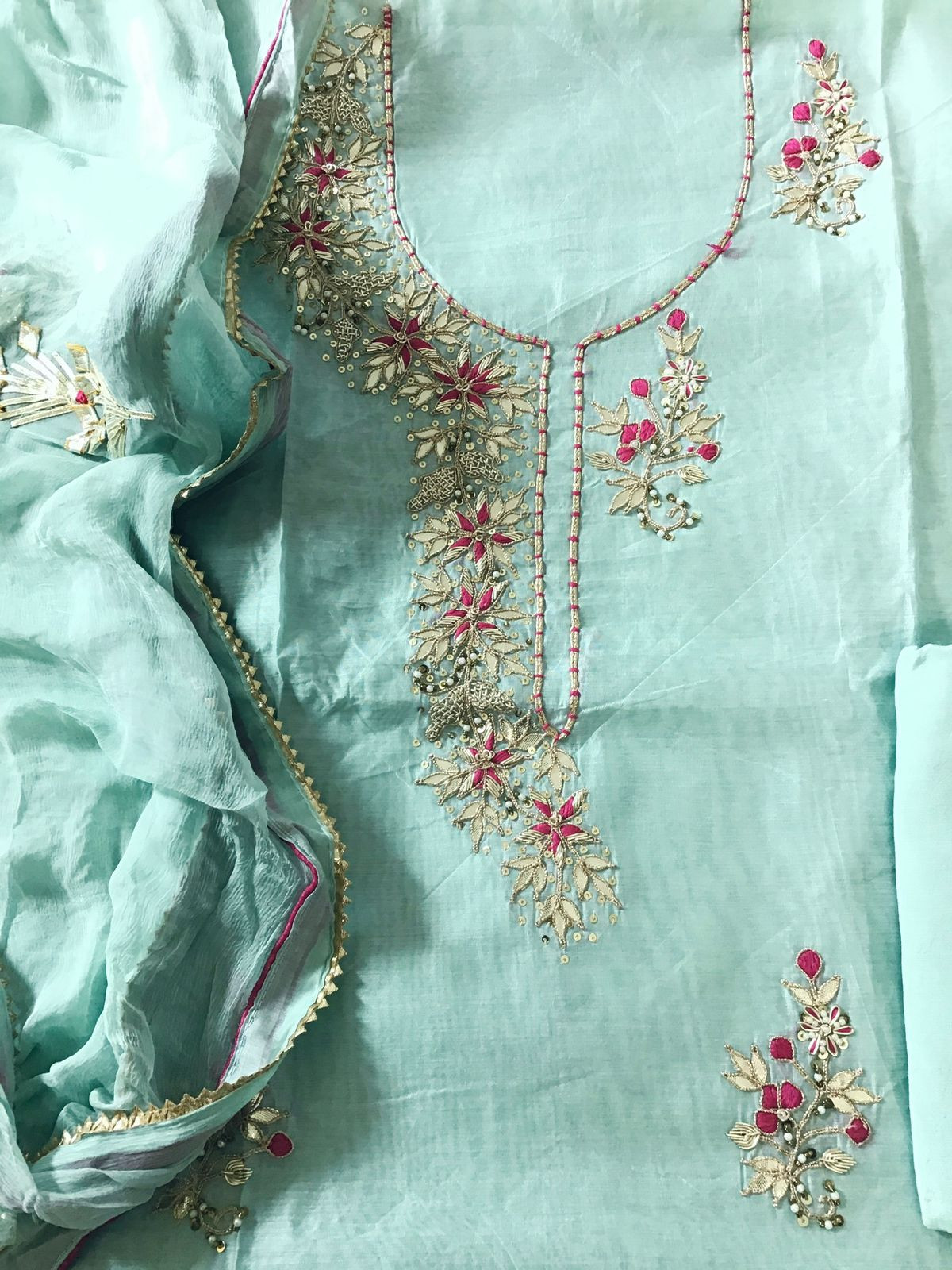 Soft Chanderi Embroidered Suit - Sea Blue