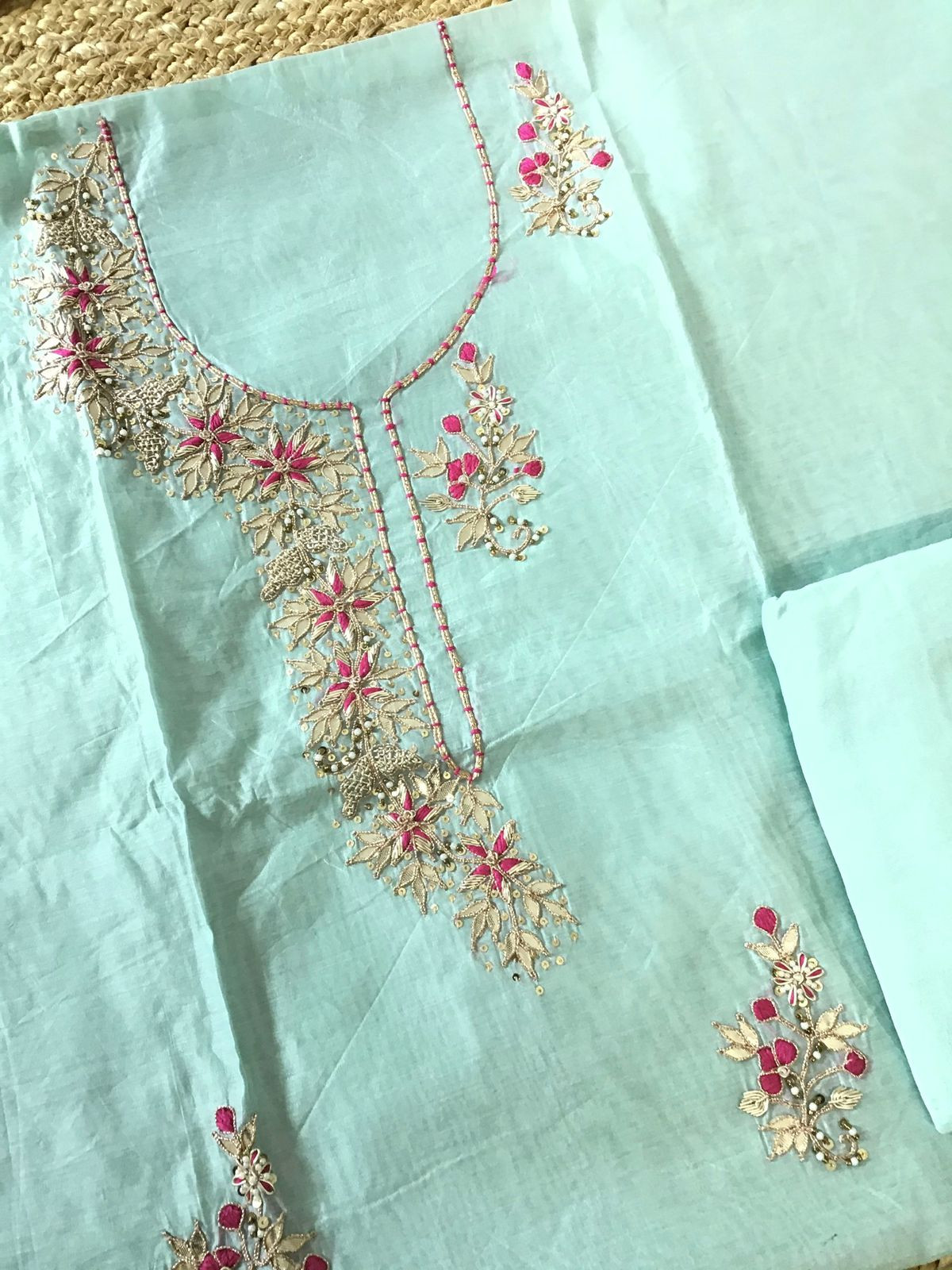 Soft Chanderi Embroidered Suit - Sea Blue