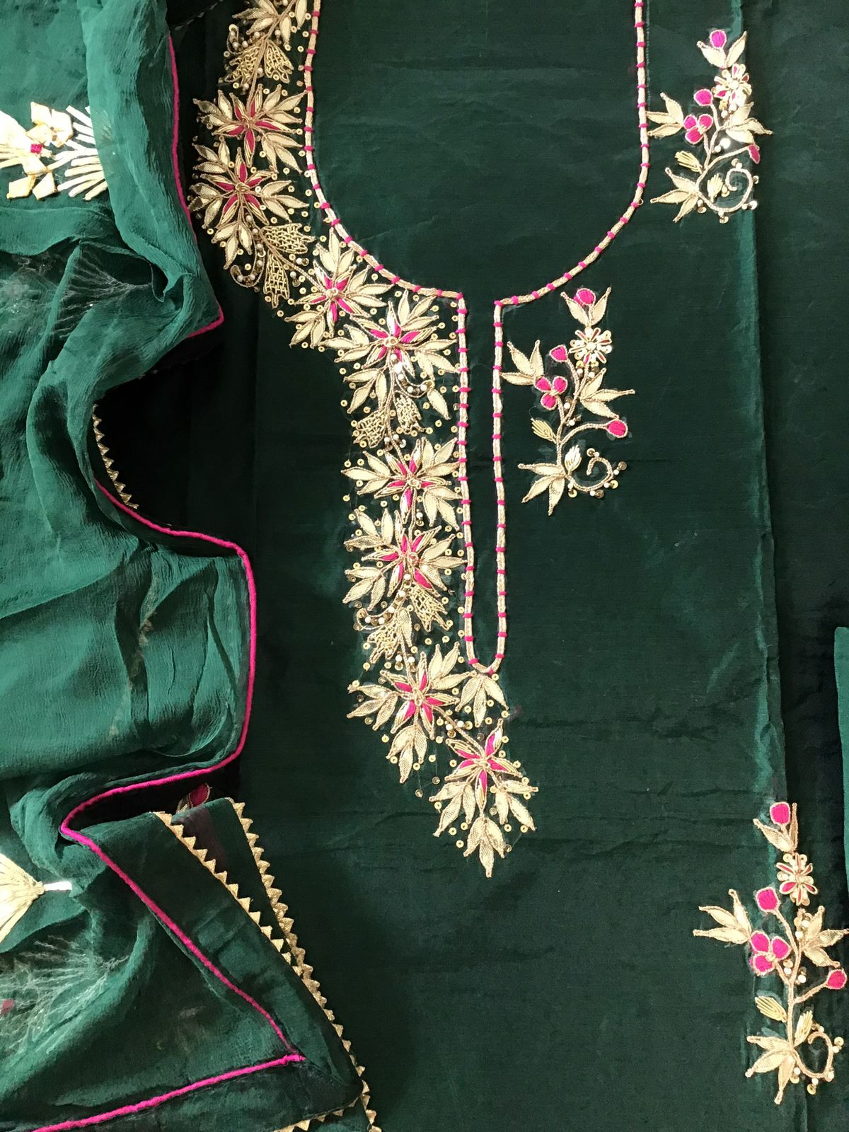 Soft Chanderi Embroidered Suit - Dark Green