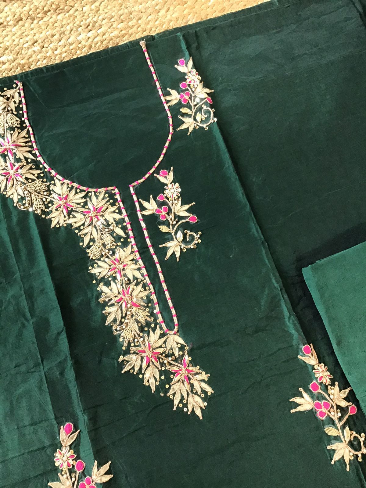 Soft Chanderi Embroidered Suit - Dark Green