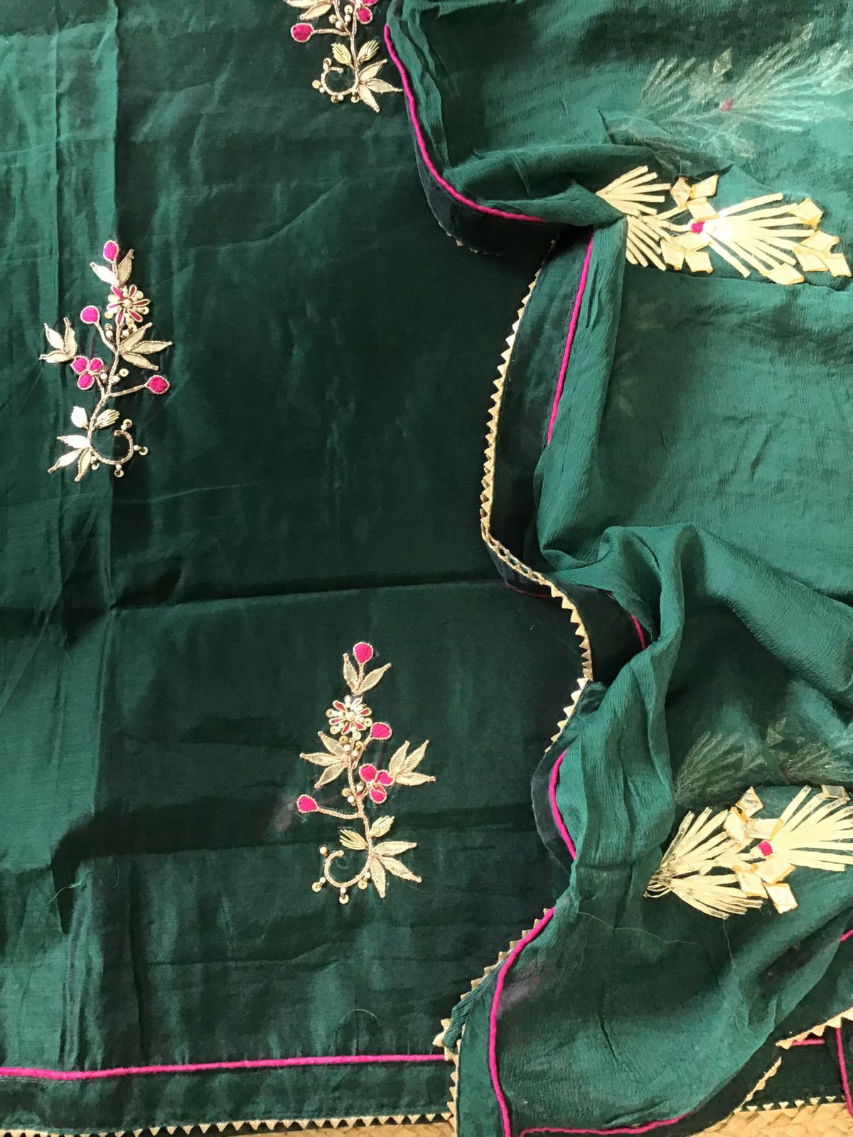 Soft Chanderi Embroidered Suit - Dark Green