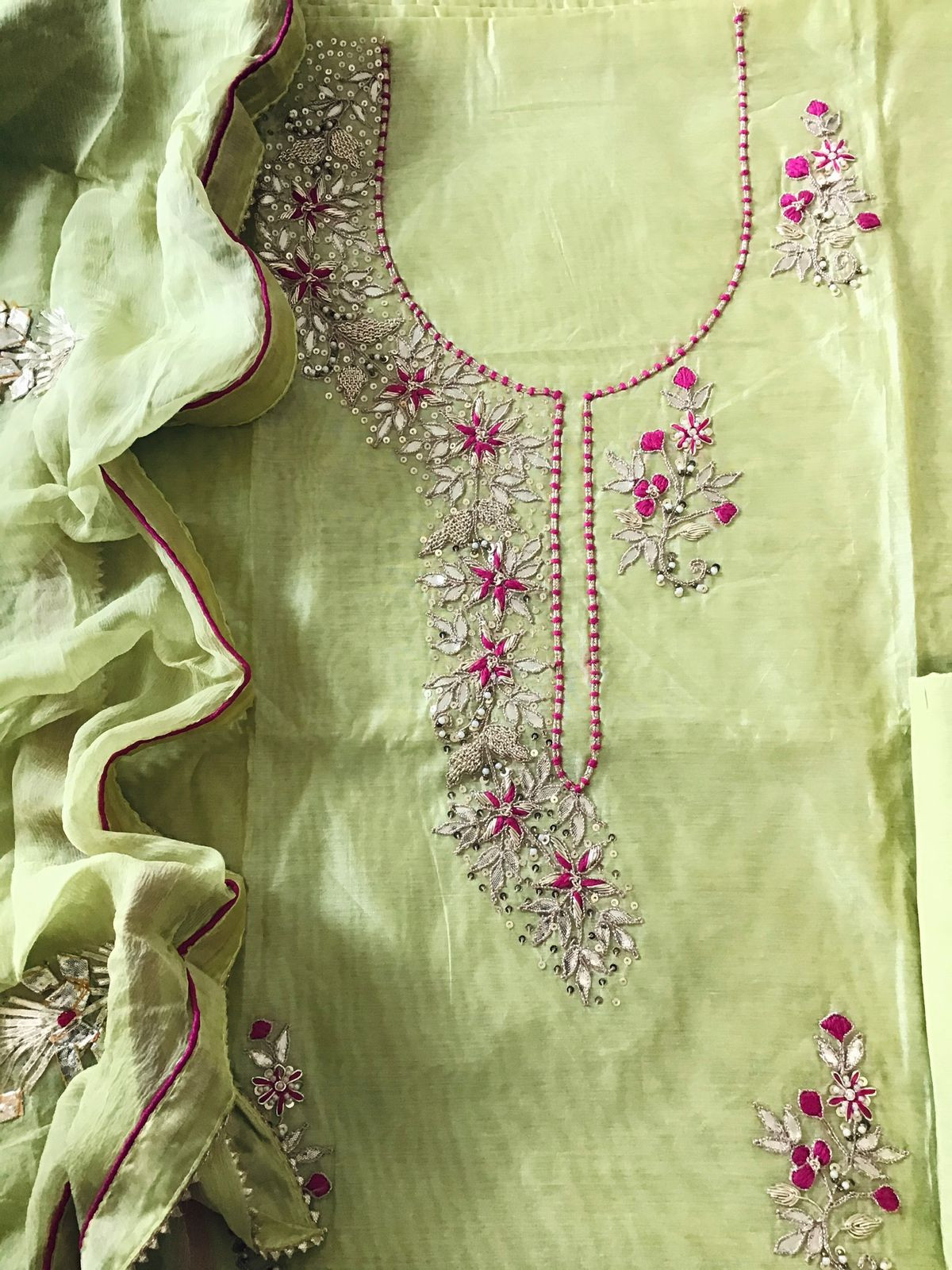 Soft Chanderi Embroidered Suit - Green