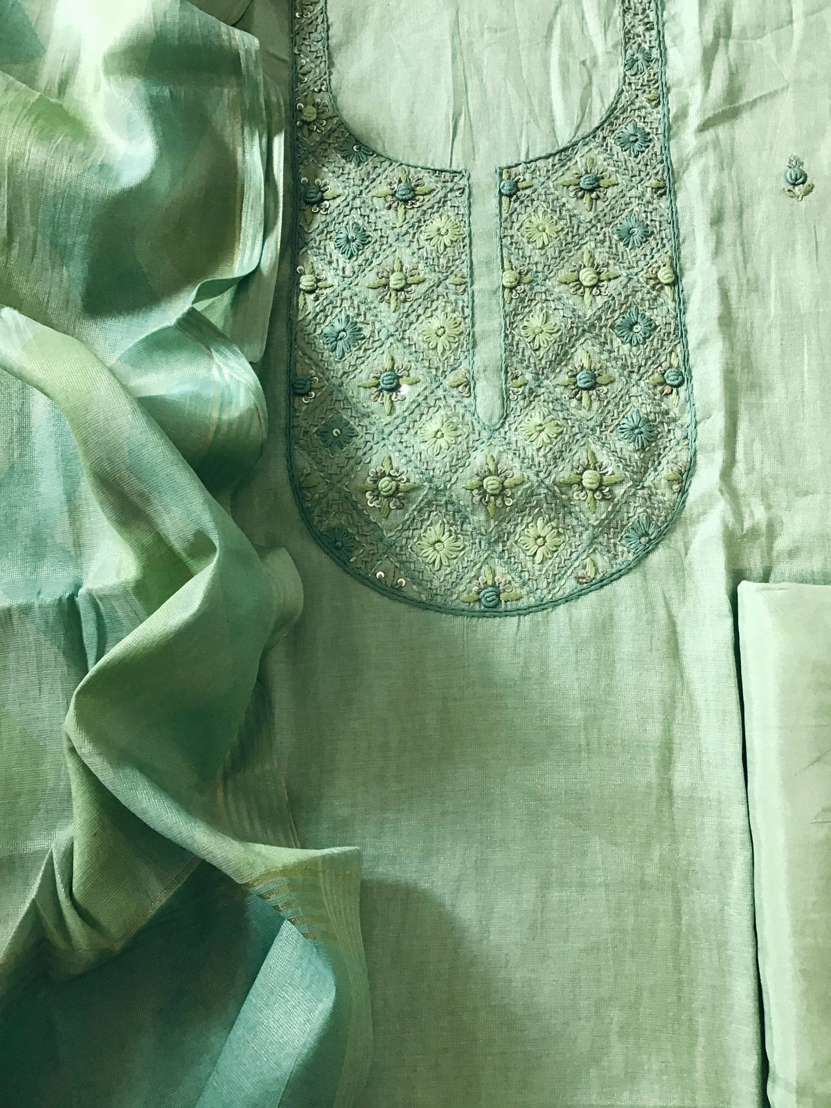 Soft Tissue Chanderi Embroidered Suit - Green