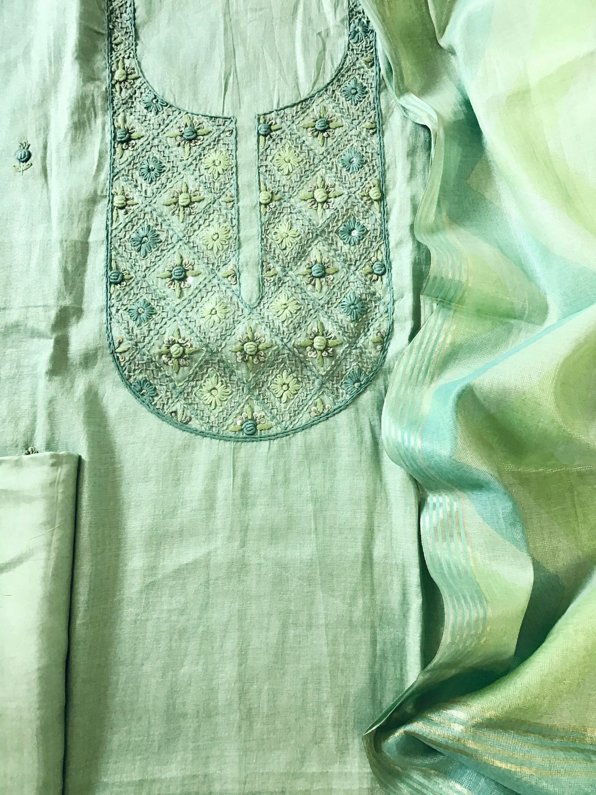 Soft Tissue Chanderi Embroidered Suit - Green