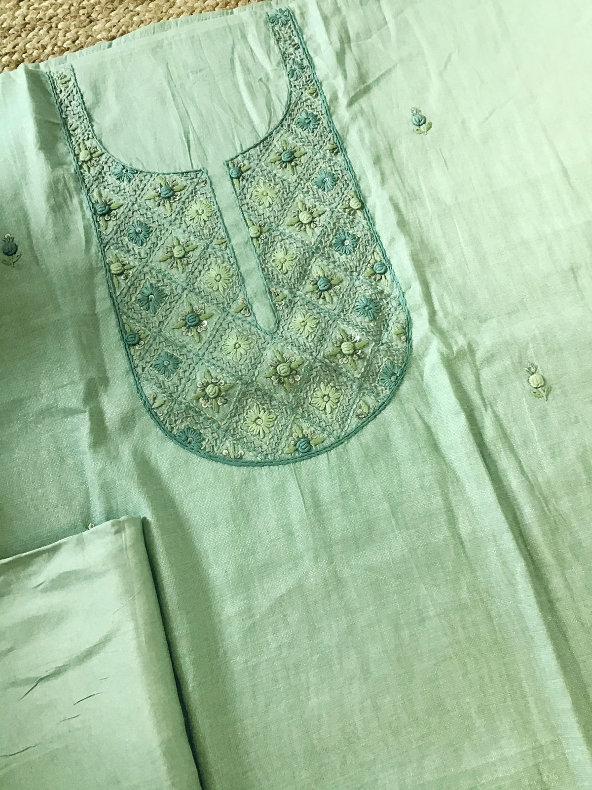 Soft Tissue Chanderi Embroidered Suit - Green
