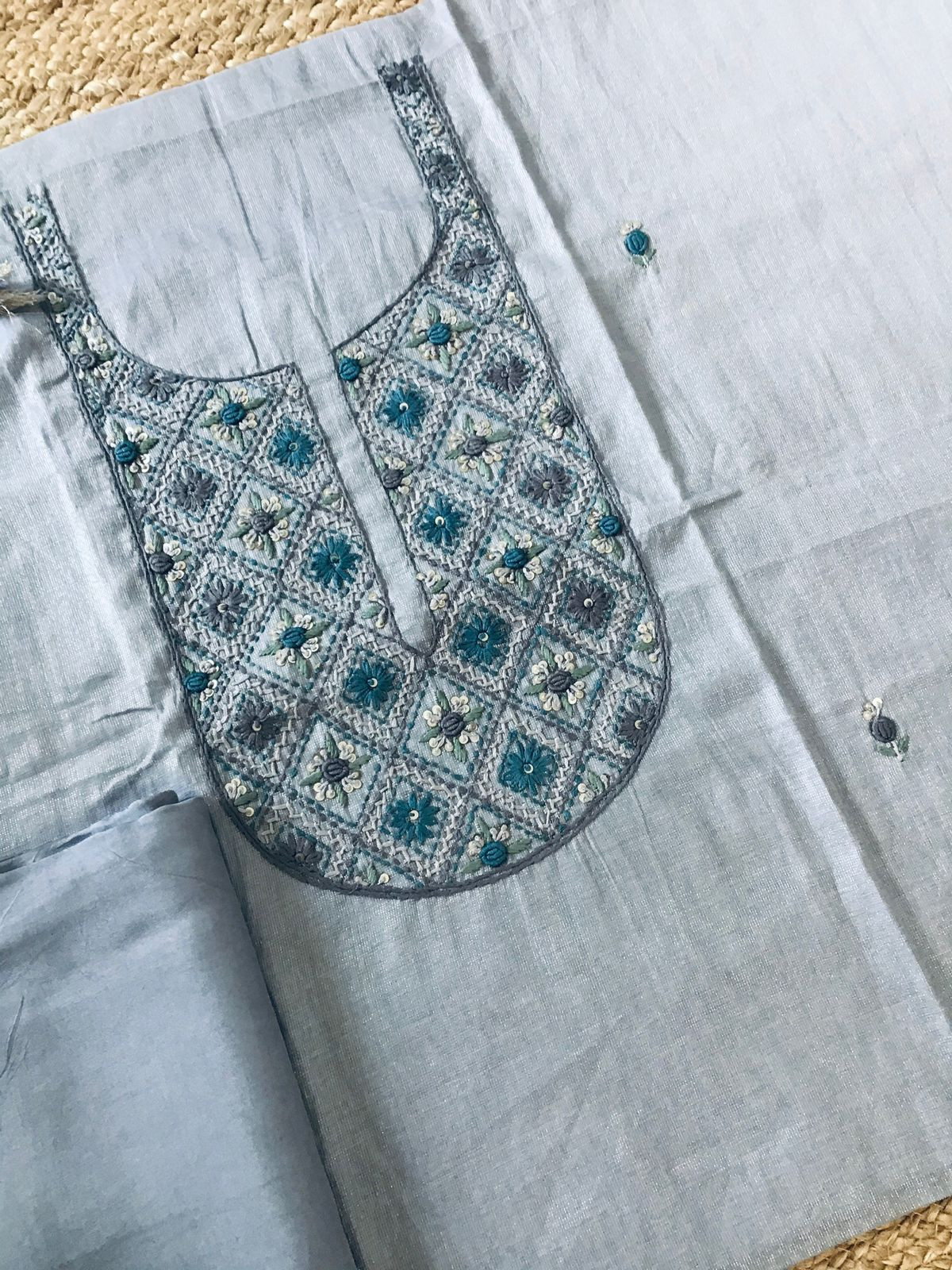 Soft Tissue Chanderi Embroidered Suit - Grey