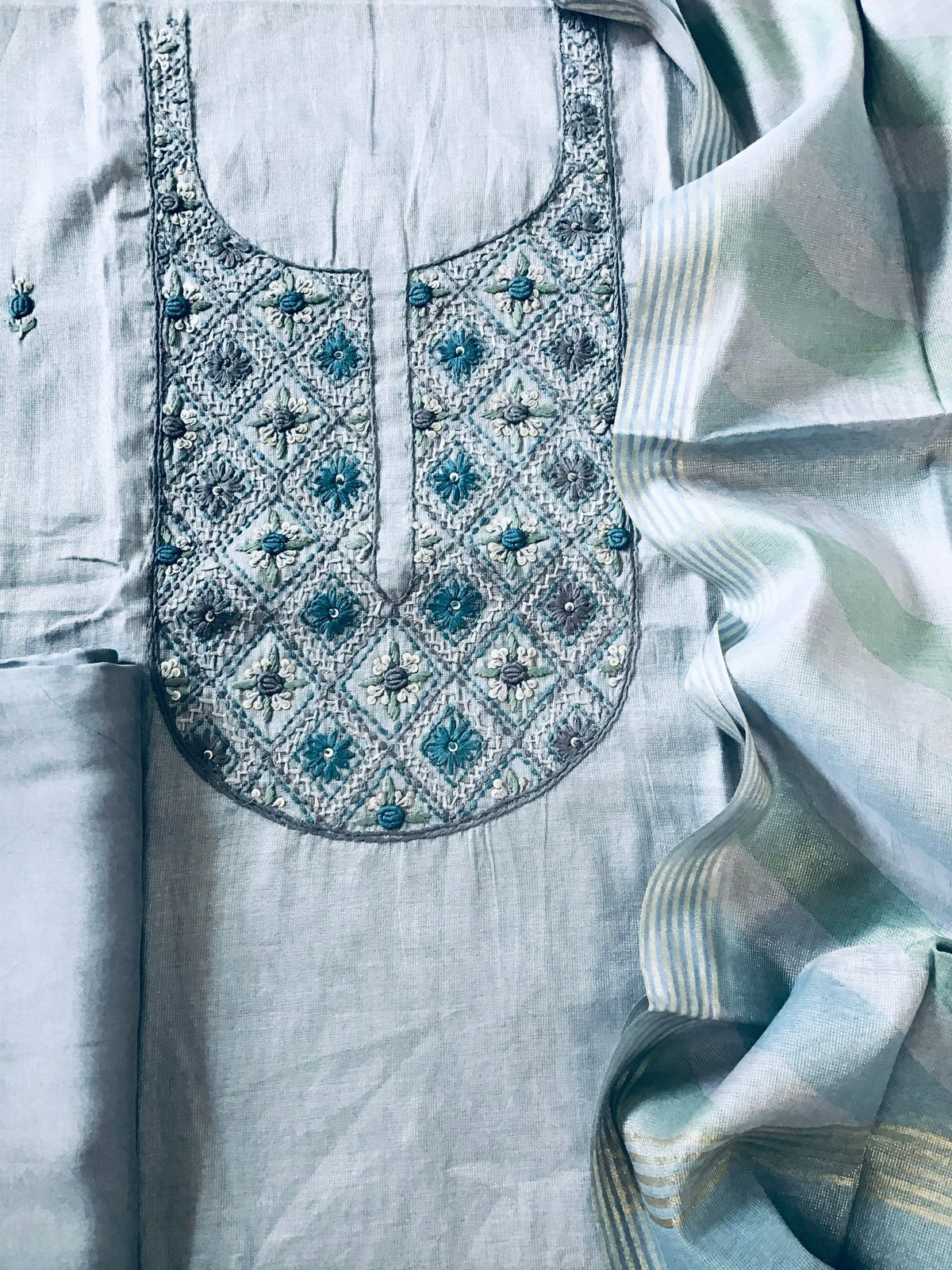 Soft Tissue Chanderi Embroidered Suit - Grey