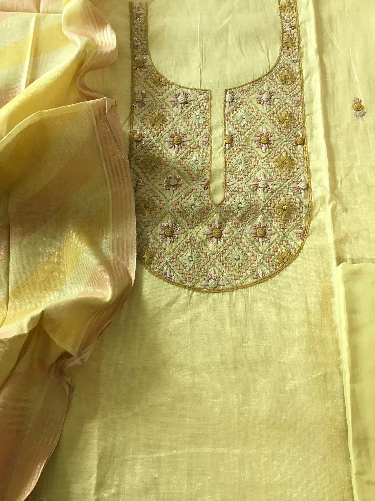 Soft Tissue Chanderi Embroidered Suit - Yellow