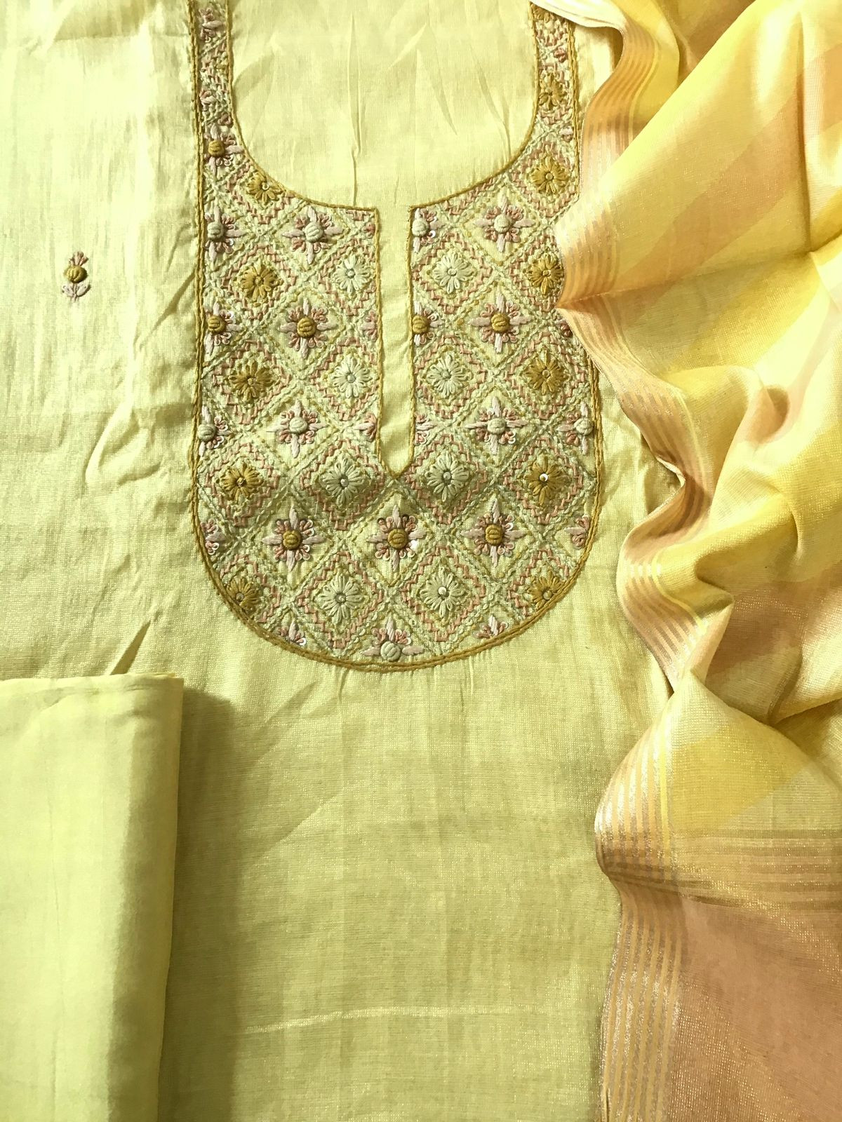 Soft Tissue Chanderi Embroidered Suit - Yellow
