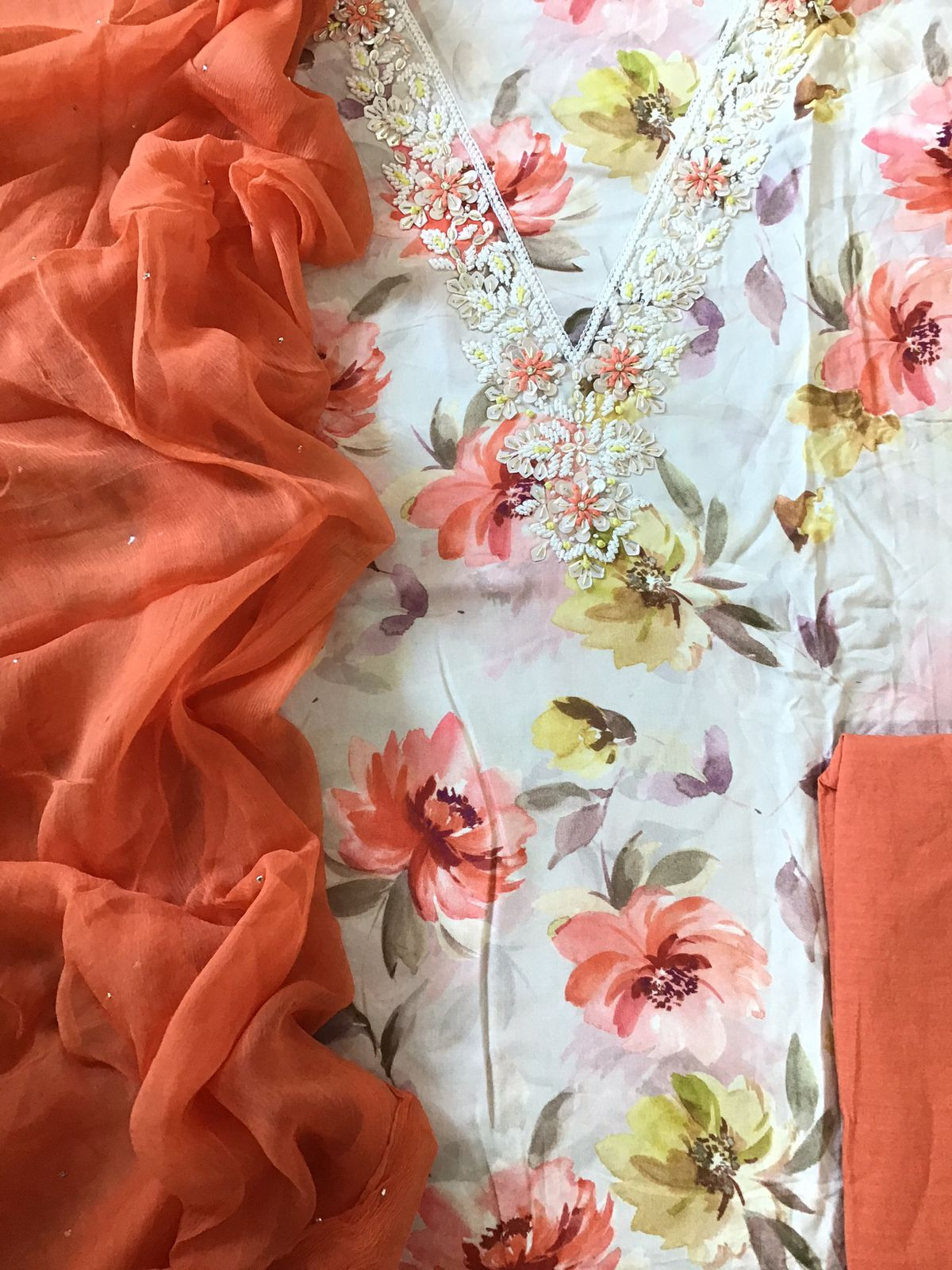 Pure Rayon Cotton Printed Embroidered Suit - White