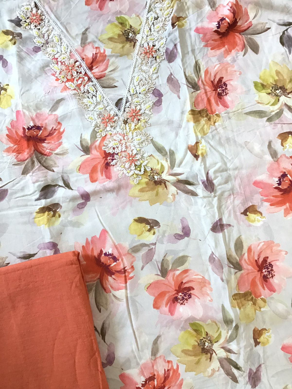 Pure Rayon Cotton Printed Embroidered Suit - White