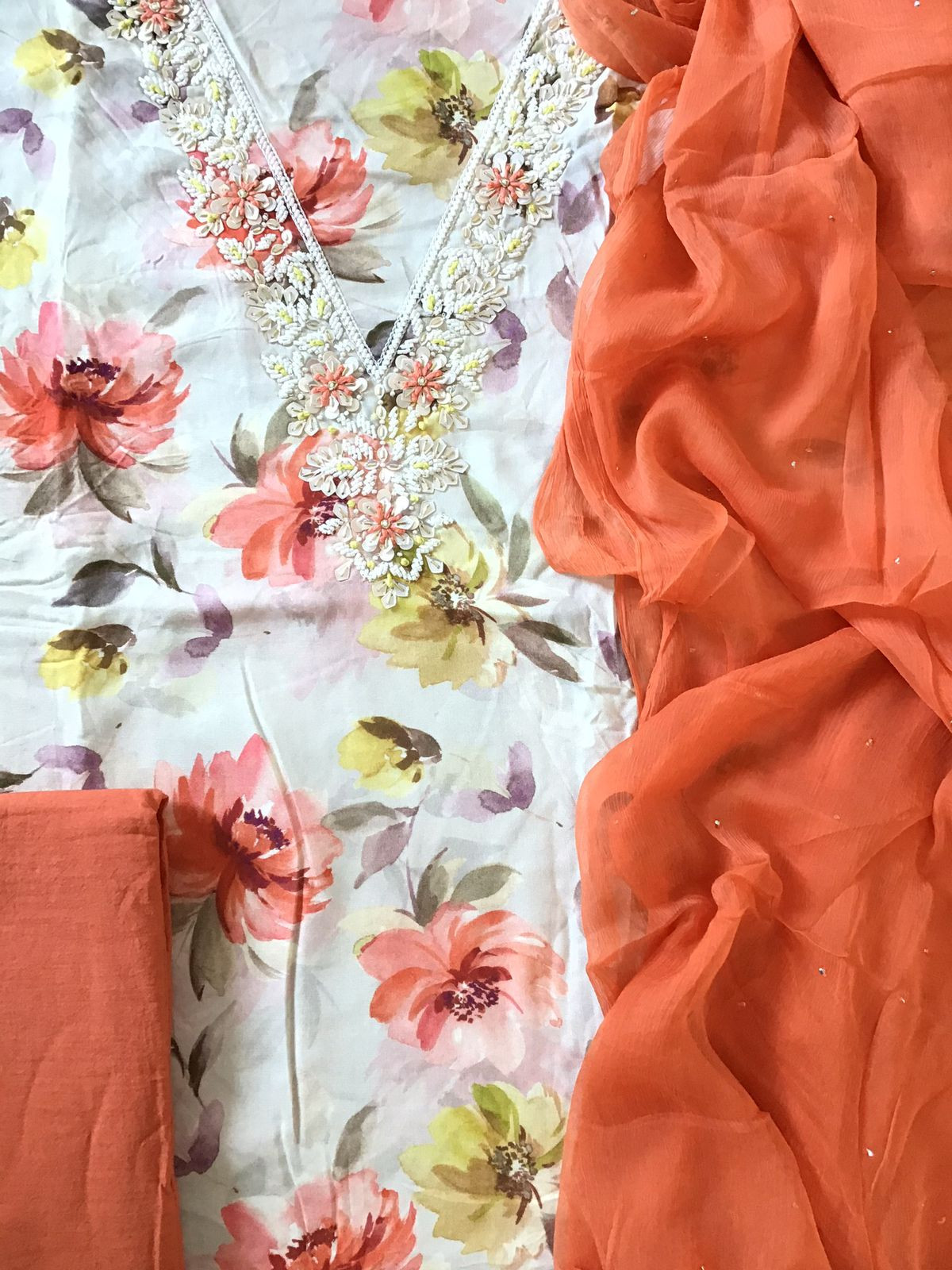 Pure Rayon Cotton Printed Embroidered Suit - White