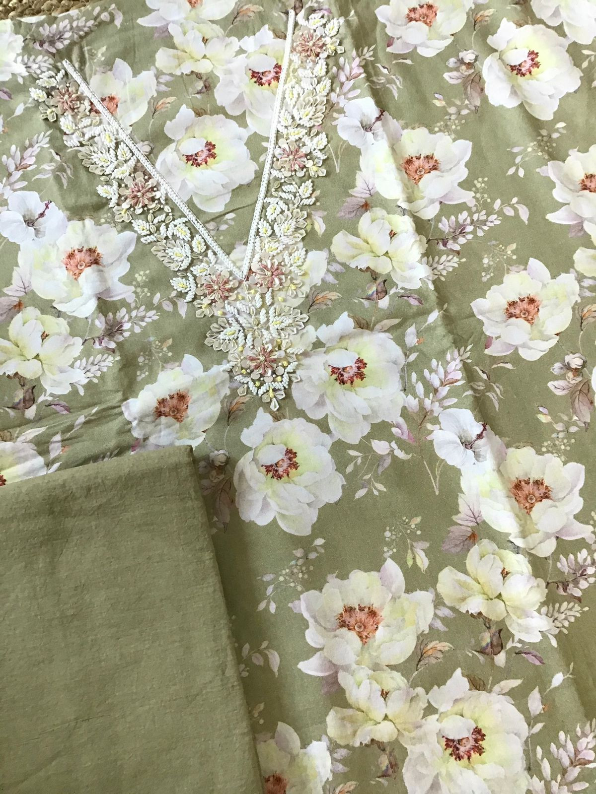 Pure Rayon Cotton Printed Embroidered Suit - Olive