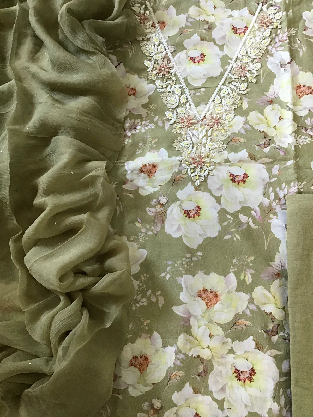 Pure Rayon Cotton Printed Embroidered Suit - Olive