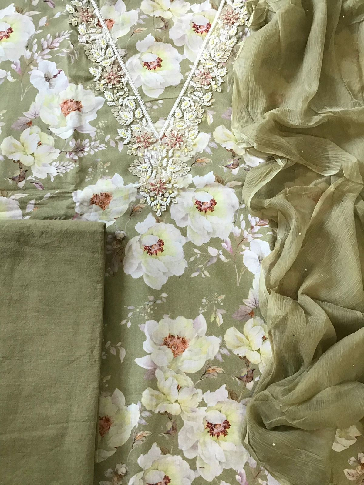 Pure Rayon Cotton Printed Embroidered Suit - Olive