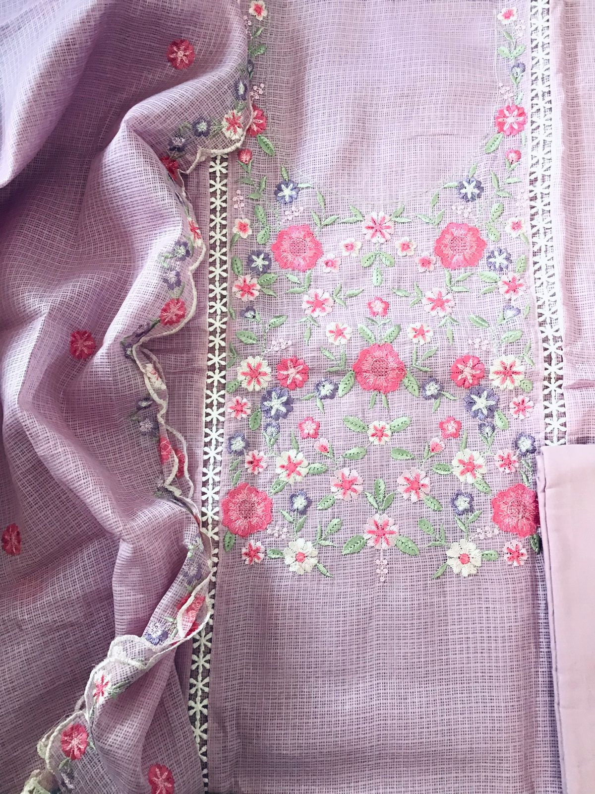 Soft Kota Silk Embroidered Suit - Lavender