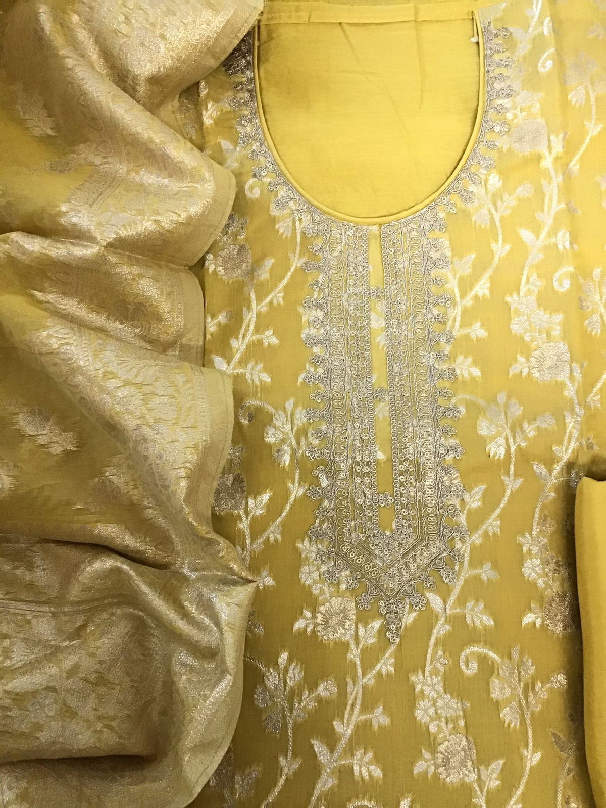 Soft Chanderi Banarasi Weaved Embroidered Suit - Yellow