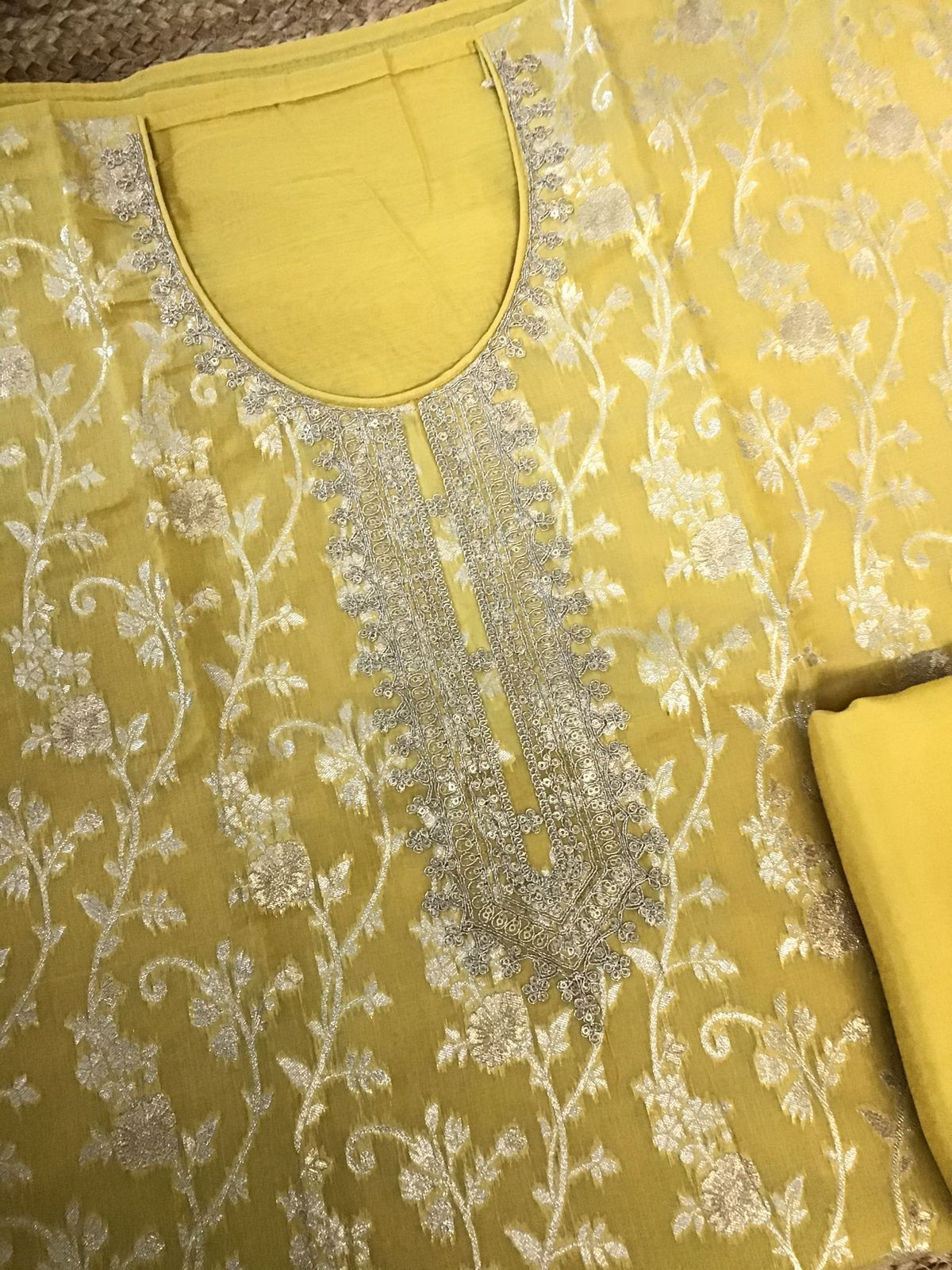 Soft Chanderi Banarasi Weaved Embroidered Suit - Yellow