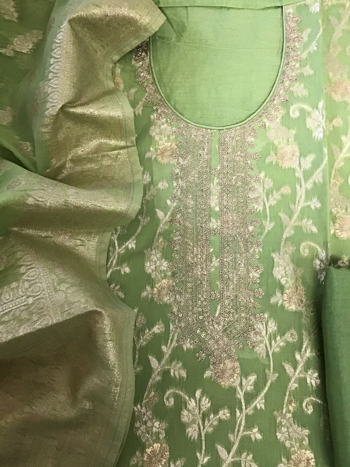 Soft Chanderi Banarasi Weaved Embroidered Suit - Green