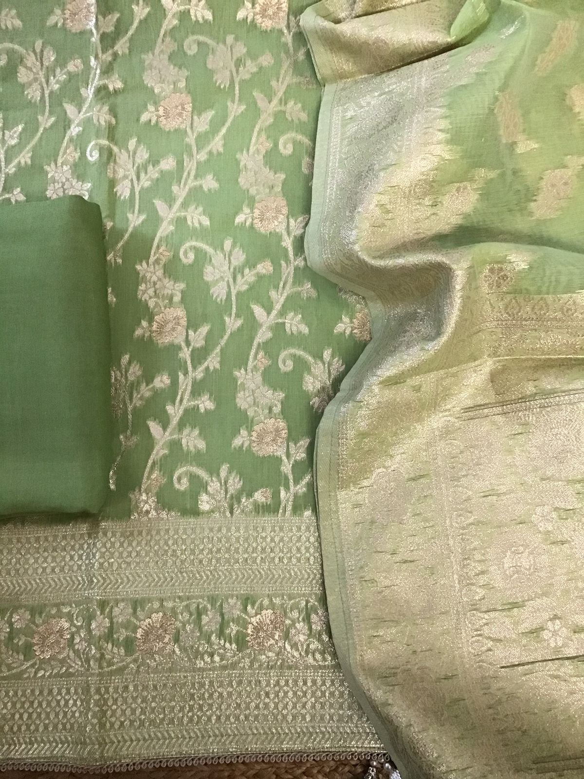 Soft Chanderi Banarasi Weaved Embroidered Suit - Green