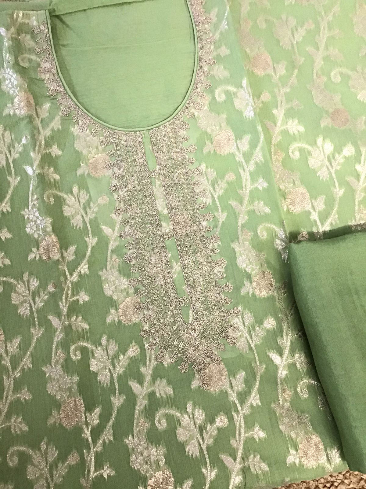 Soft Chanderi Banarasi Weaved Embroidered Suit - Green