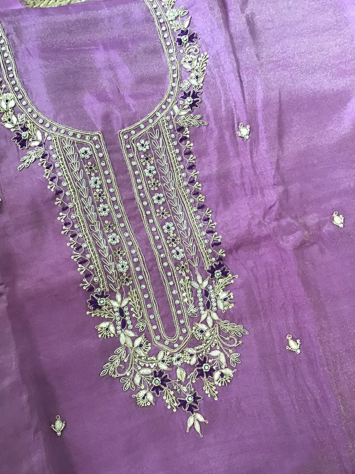 Soft Tissue Shimmer Silk Embroidered Suit - Purple