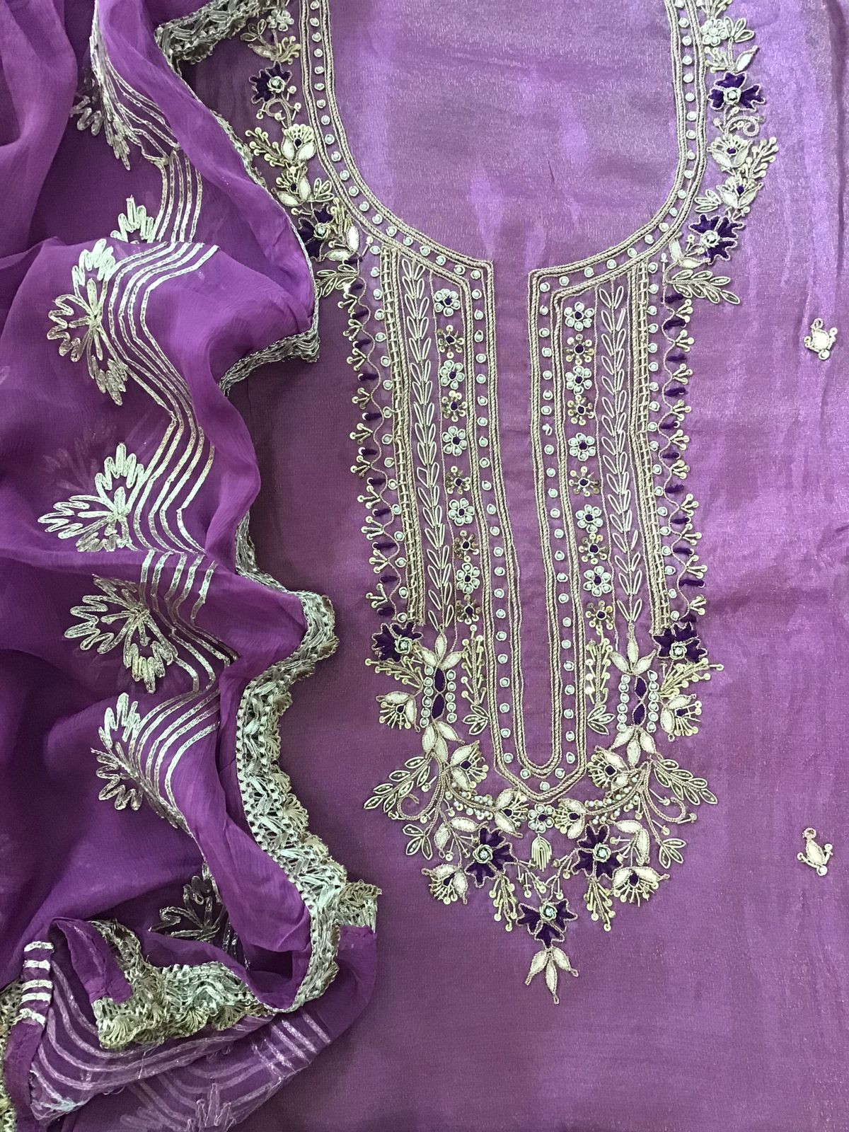 Soft Tissue Shimmer Silk Embroidered Suit - Purple