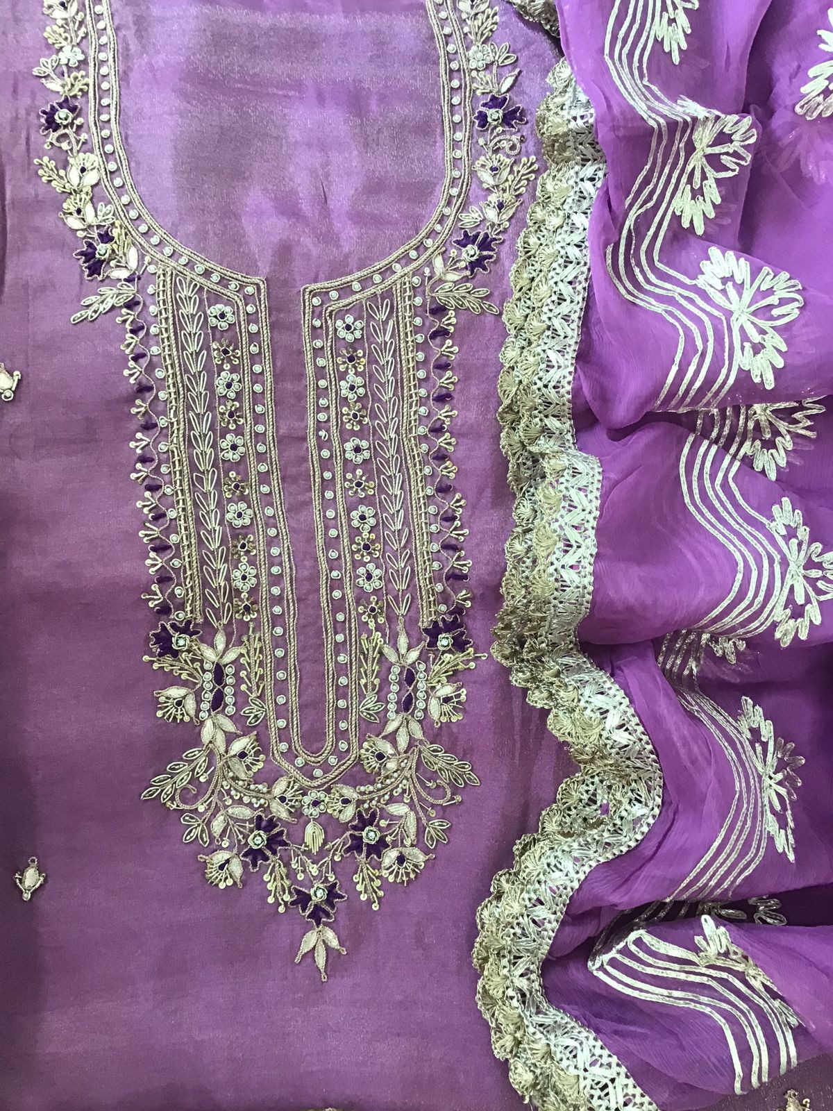 Soft Tissue Shimmer Silk Embroidered Suit - Purple