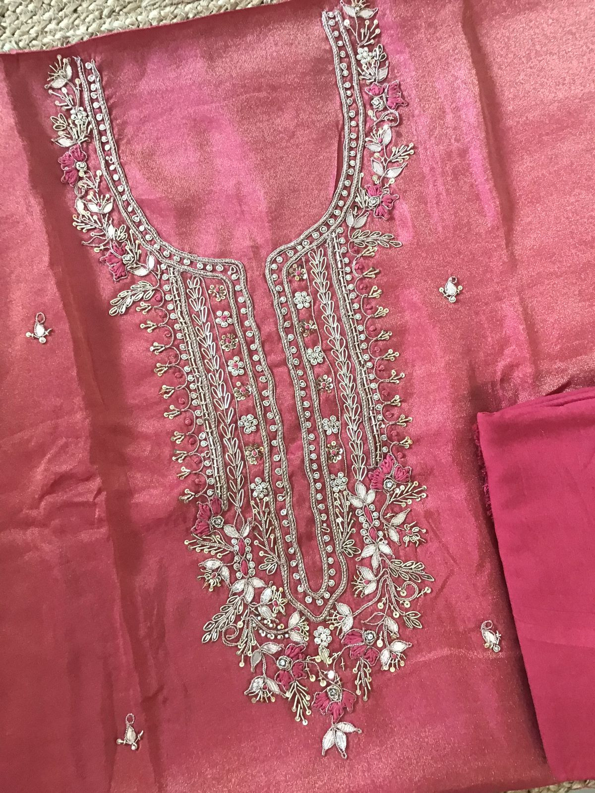 Soft Tissue Shimmer Silk Embroidered Suit - Red