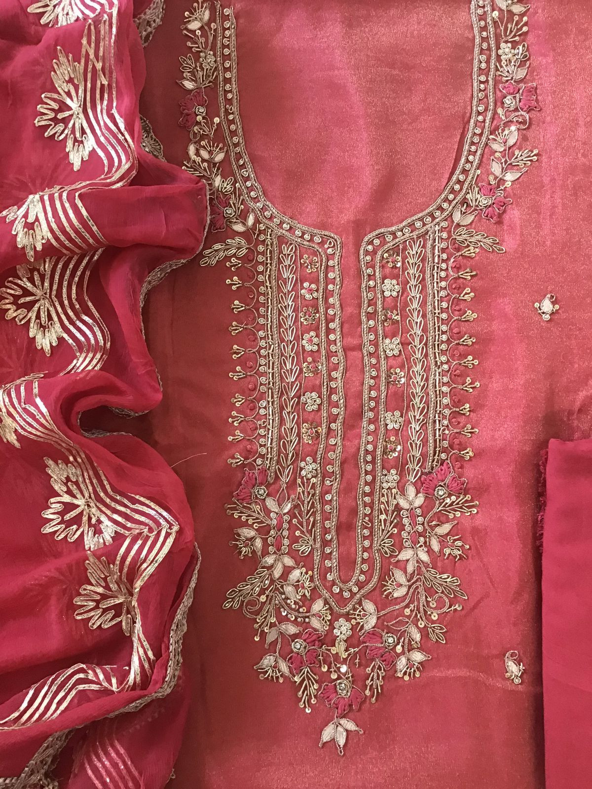 Soft Tissue Shimmer Silk Embroidered Suit - Red