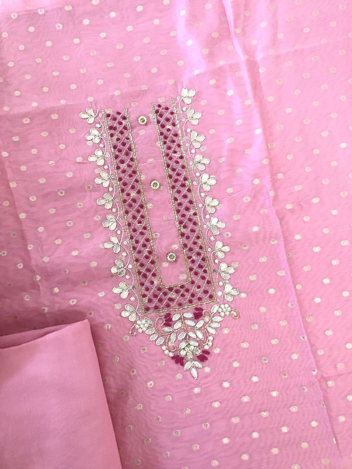 Soft Chanderi Banarasi Weaved Embroidered Suit - Pink