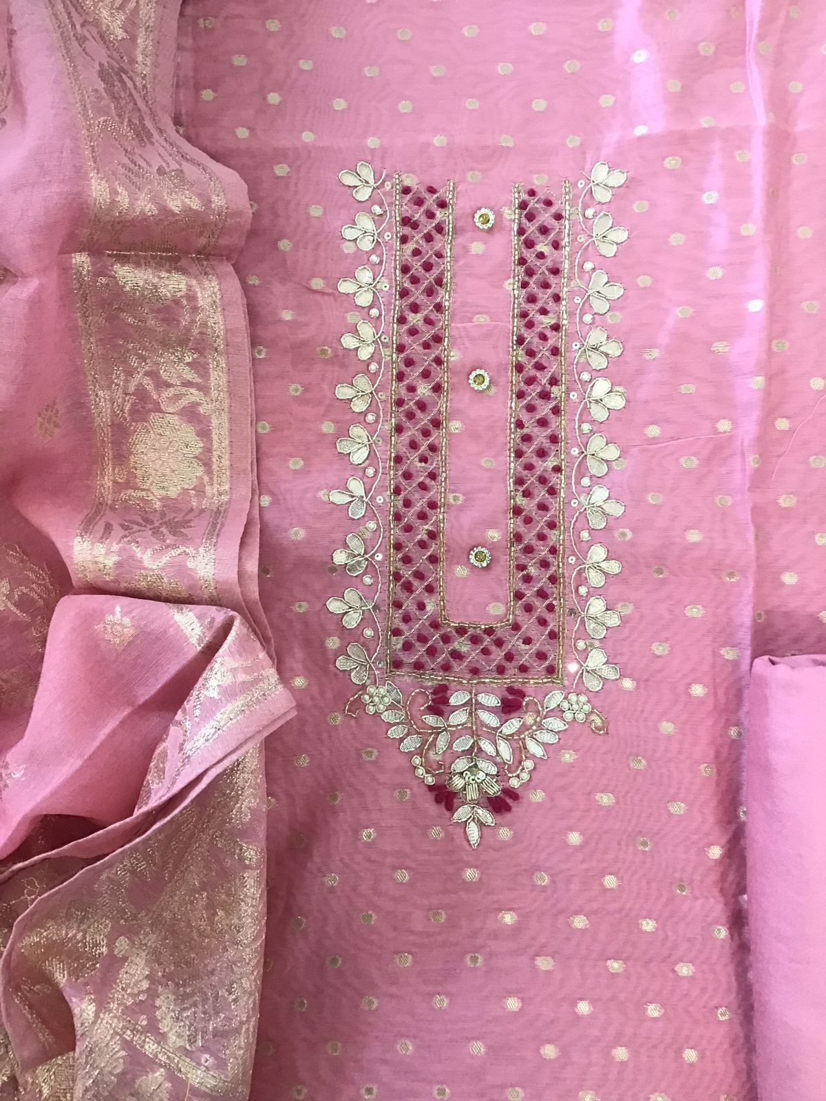 Soft Chanderi Banarasi Weaved Embroidered Suit - Pink