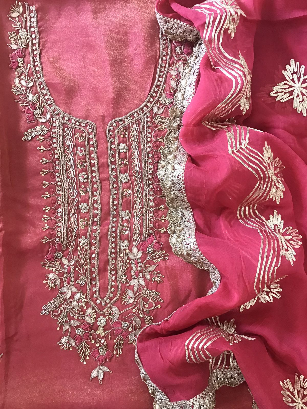Soft Tissue Shimmer Silk Embroidered Suit - Red