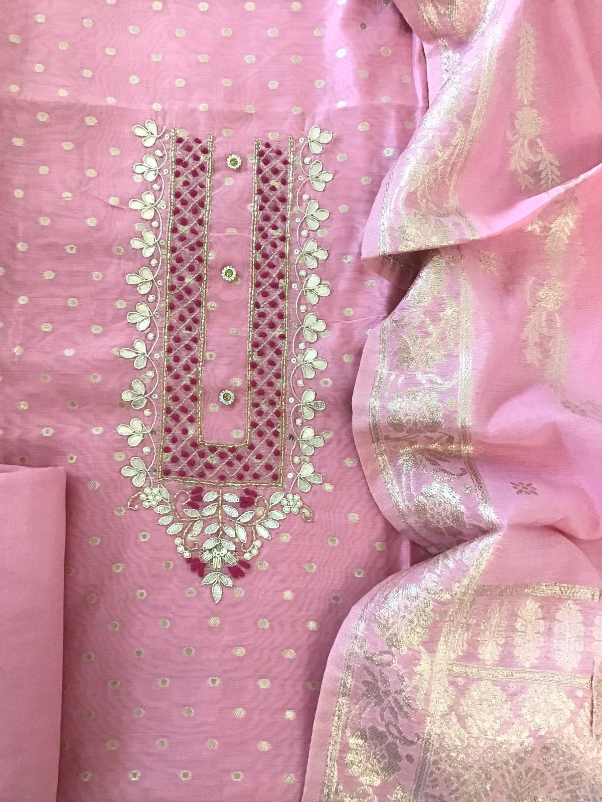 Soft Chanderi Banarasi Weaved Embroidered Suit - Pink