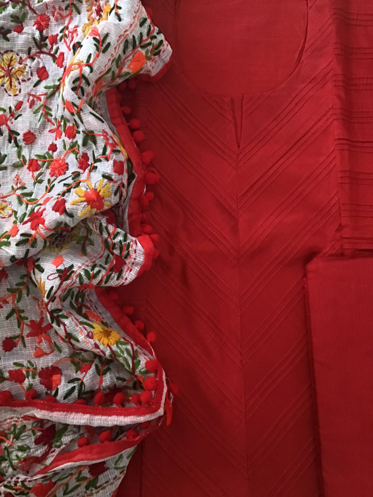 Pure Cotton Silk Embroidered Suit - Red