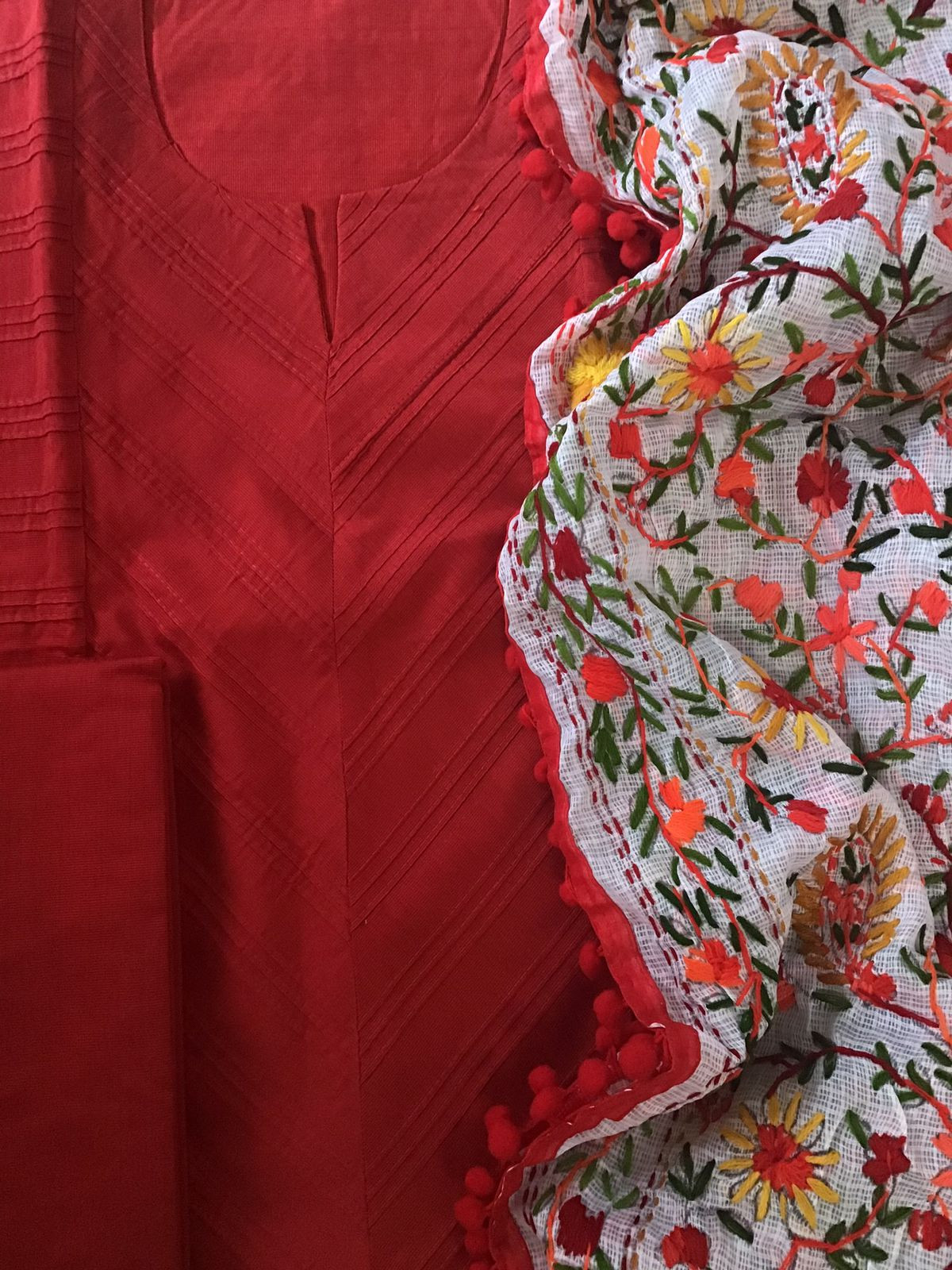 Pure Cotton Silk Embroidered Suit - Red