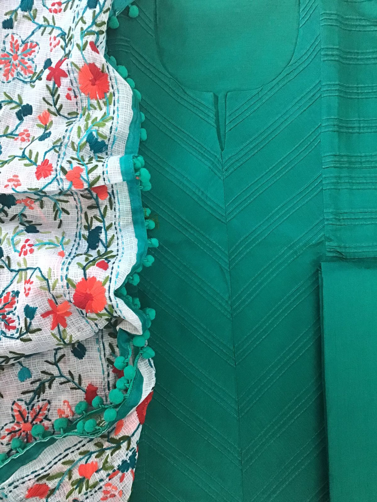 Pure Cotton Silk Embroidered Suit - Green