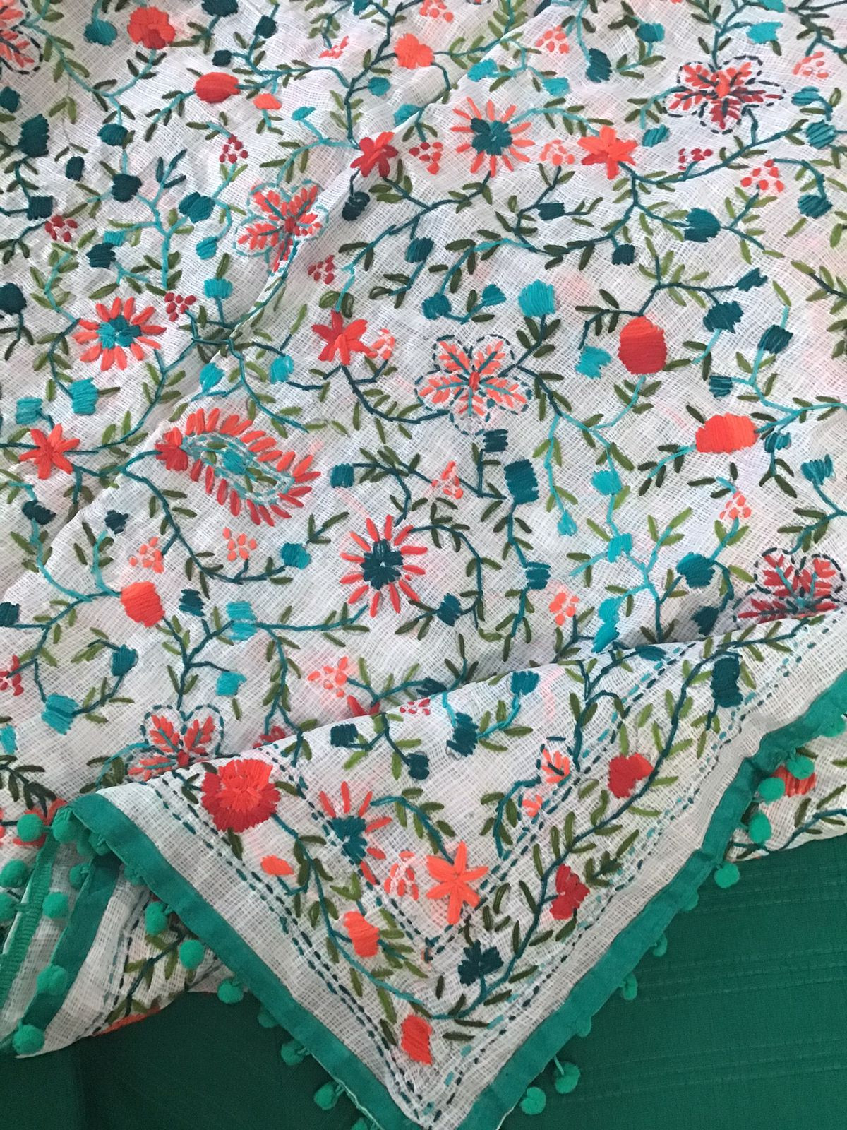 Pure Cotton Silk Embroidered Suit - Green