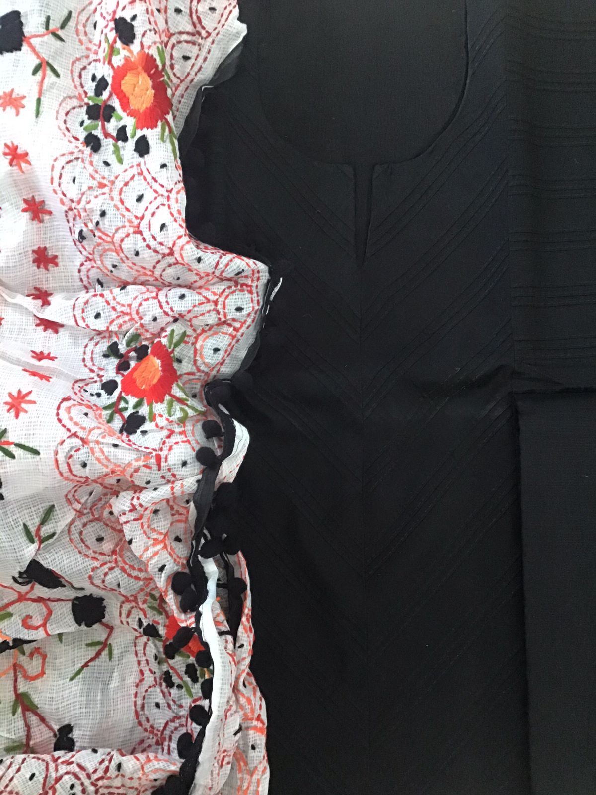 Pure Cotton Silk Embroidered Suit - Black