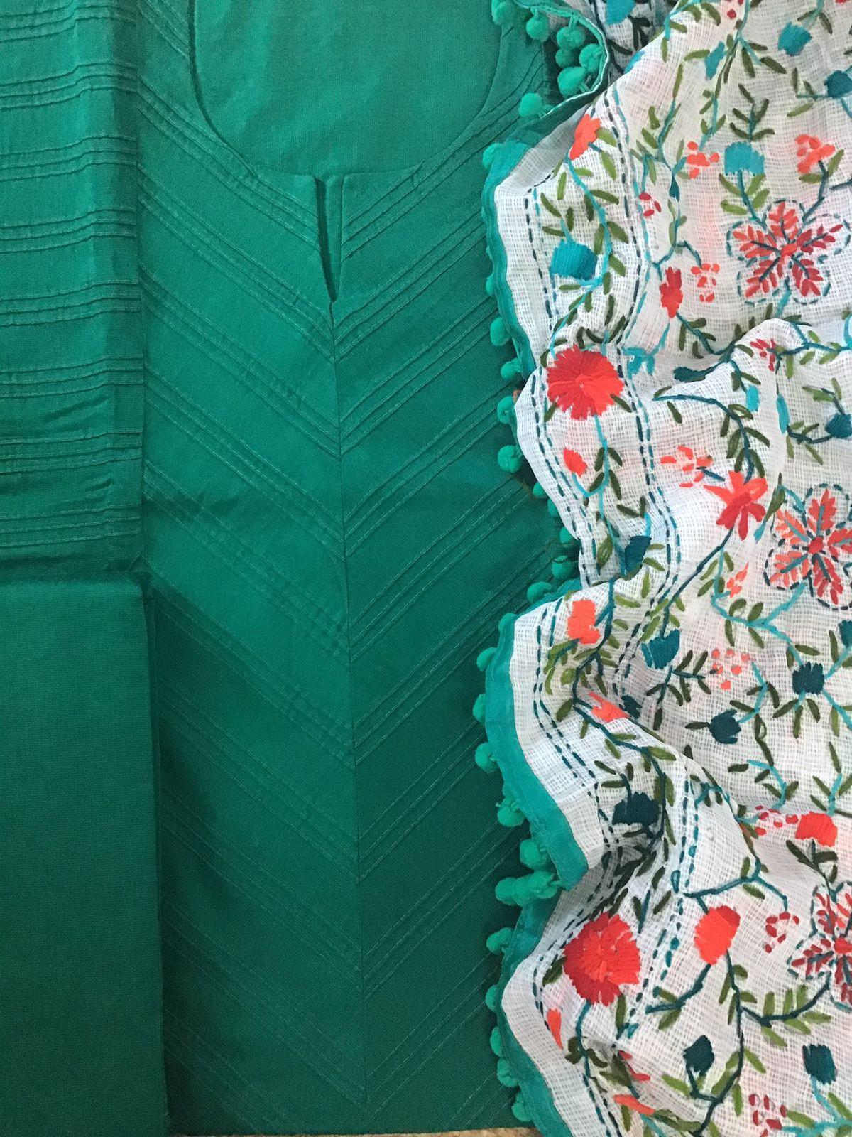 Pure Cotton Silk Embroidered Suit - Green