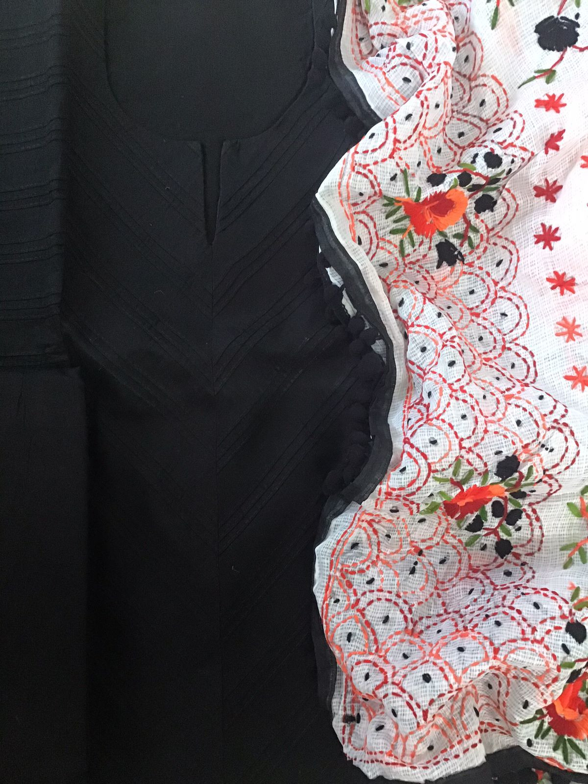 Pure Cotton Silk Embroidered Suit - Black